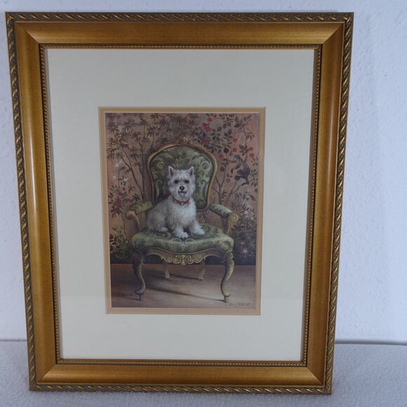 Westie Dog Print Chinoiserie by Elaine Vollherbst Gold Frame Matted 15" x 12.5" - Picture 2 of 9